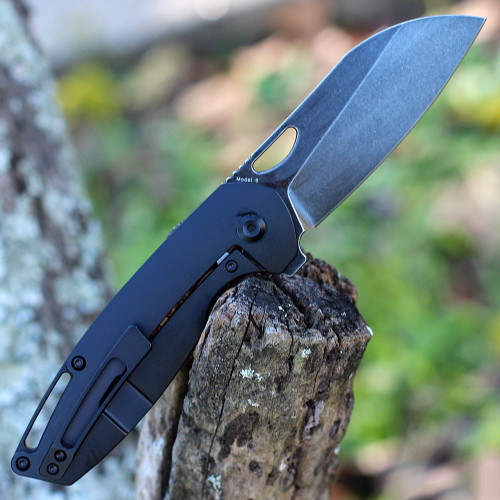 Kansept Model 6 (K1022A4) 3.1" M390 Black TiCn Coated Wharncliffe Plain Blade, Blue Timascus Handle