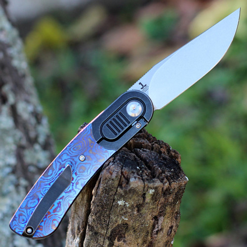 Kansept Reverie (K2025A4) 2.92" CPM-S35VN Stonewashed Clip Point Plain Blade, Titanium Bolster and Timascus Inlay Handle