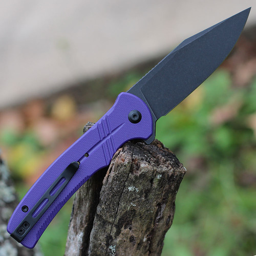 CIVIVI Cogent Folding Knife (C20038D-2)- 3.47" Blackwashed 14C28N Clip Point Blade, Purple G-10 Handle