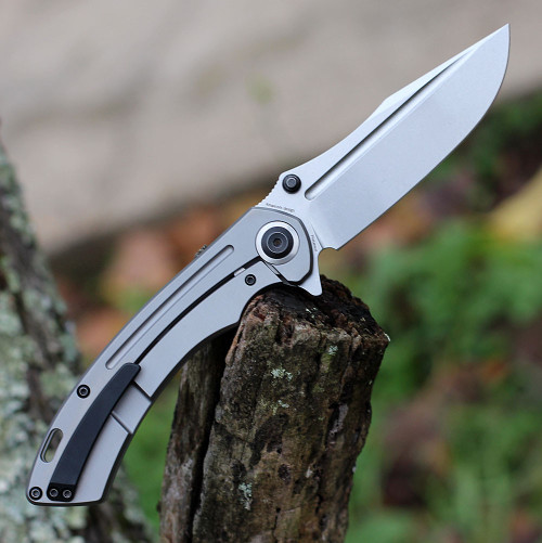 Kansept Pretatout (K1032A2) 3.56" CPM-S35VN Gray Stonewashed Drop Point Plain Blade, Gray Titanium Handle