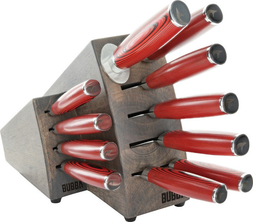 Bubba Blade Kitchen & Steak Knives Block Set – Black and Red G-10 Handles, 12-Piece German Stainless Steel, Parawood Block