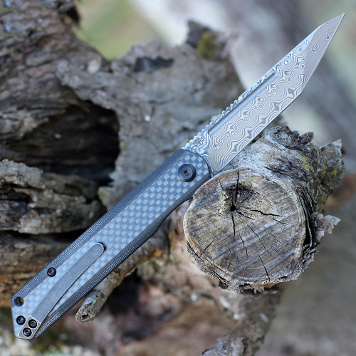 Kansept Knives Prickle (K1012D1) - 3.53" Damascus Tanto Plain Blade, Black SS/Carbon Fiber Handle