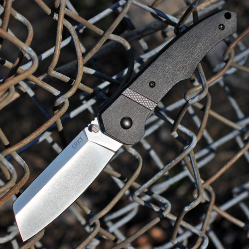 CRKT Ripsnort II 7271 open profile view showing 3.48 inch 8Cr13MoV satin cleaver blade and black GRN handle with inlay.