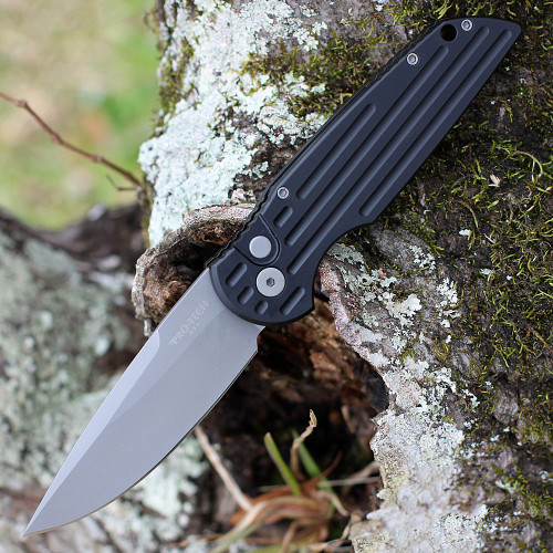 Pro-Tech TR-3 auto knife blade open, 3.5 inch bead blasted 154CM drop point, false swedge and reinforced tip