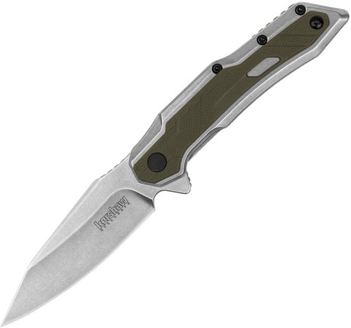 Kershaw Salvage Assisted Opening Knife (1369)- 2.90" Stonewashed 8Cr13MoV Reverse Tanto Blade, OD Green and Silver Stainless Steel and GFN Handle