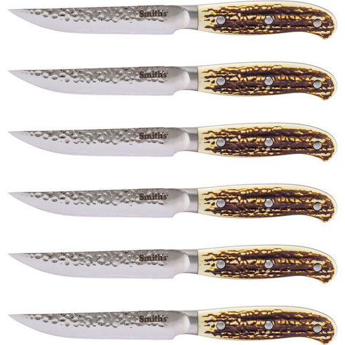 Smith's Sharpeners Cabin & Lodge Steak Set (51033) – 4.5" 420 Stainless Steel Hammered Drop Point Blades, Brown Stag Handles with Hardwood Block