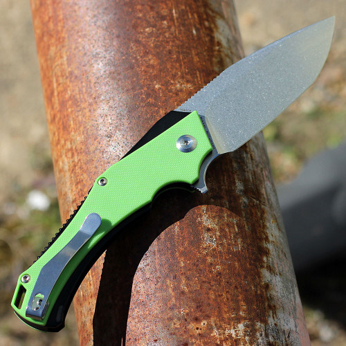 Kansept Hellx (KT1008A5) - 3.60" D2 Stonewashed Drop Point Plain Blade, Green G10+ Black Anodized Stainless Steel Handle