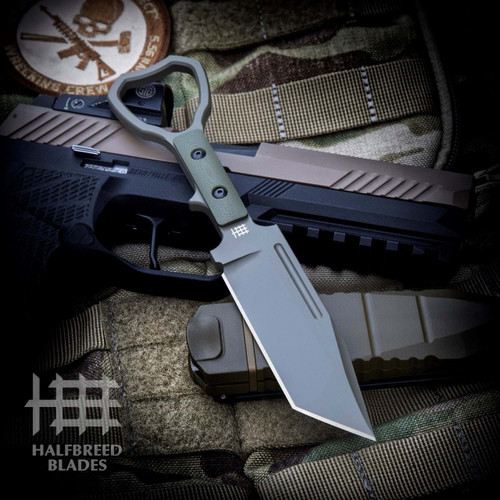 Halfbreed Compact Clearance Knife (CCK-02 OD) 3.94" K110 D2 Green Modified Tanto, Olive Drab G-10 Handle, Olive Drab Molded Plastic Sheath