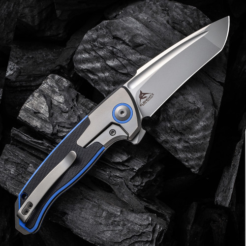 WE Knife Press Check Gray Ti/Blue G10 (3.2" Silver BB Tanto) WE20078A-2