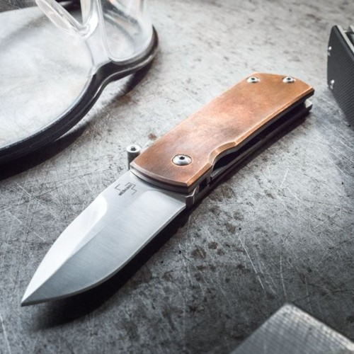 Boker Plus Shamsher Assisted Opening (01BO362) 1.97" D2 Satin Drop Point Plain Blade, Copper Handle
