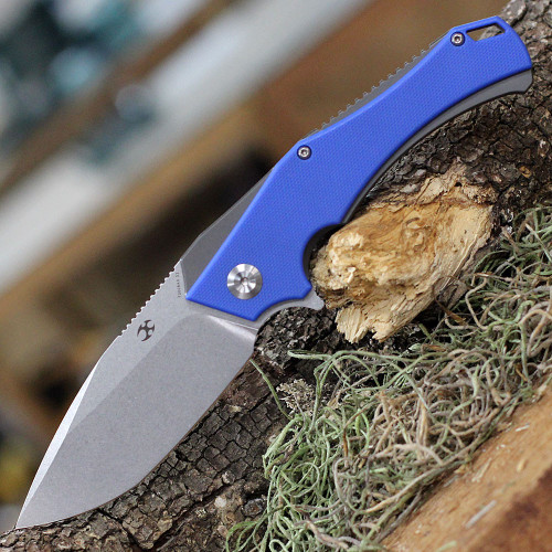 Kansept MINI Hellx (T2008A3) 3.25" D2 Stonewashed Drop Point Plain Blade, Gray Stainless Steel Handle with Blue G-10 Onlay