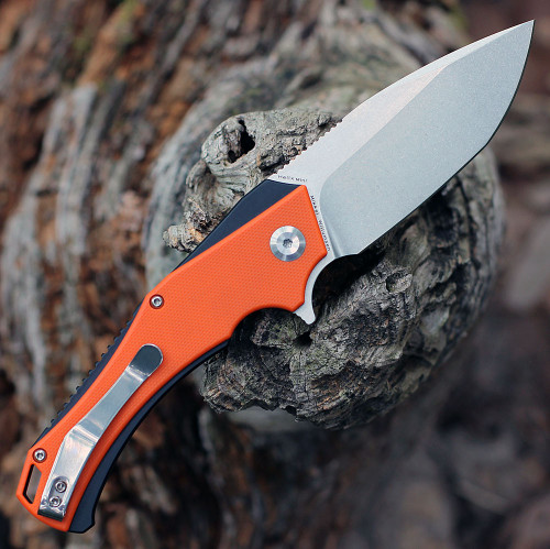 Kansept MINI Hellx (T2008A5) 3.25" D2 Stonewashed Drop Point Plain Blade, Orange G10 Scales with a Black Stainless Steel Frame