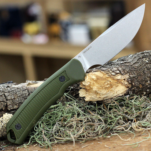Kershaw Deschutes Skinner Fixed Blade Knife (1883)- 3.9" Stonewashed D2 Drop Point Blade, OD Green Rubber Handle