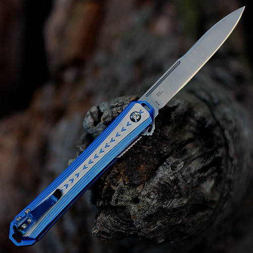 CRKT Stickler Assisted Flipper (CR6710) 3.38" 12C27 Sandvik Satin Drop Point Blade, Milled Blue Aluminum Handle w/ Silver Aluminum Onlay