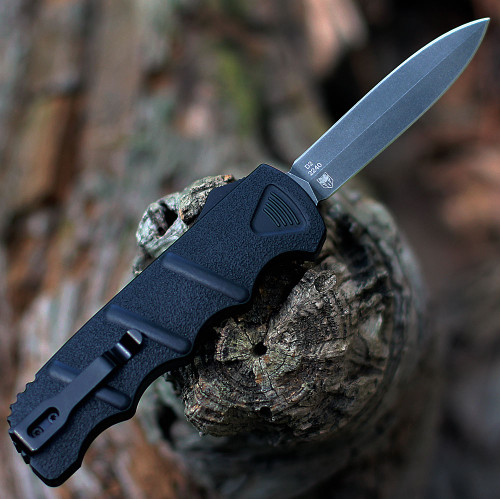 Boker Plus Kalashnikov OTF (06EX354) 3.54" D2 Blackwashed Dagger Double Edged Plain Blade, Black Aluminum Handle