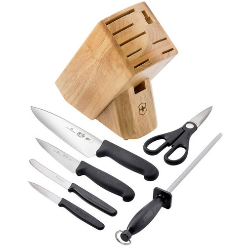 Victorinox 7 Piece Kitchen Block Set (5.1193.7-X2) Black Fibrox Handles, High Carbon Stainless Steel Blades, Oak Hardwood Block with Three Extra Slots for Additional Knives