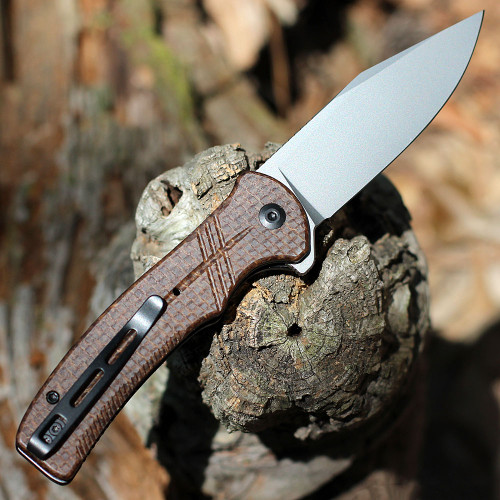 CIVIVI Cogent Folding Knife (C20038D-6)-3.47" Bead Blasted 14C28N Clip Point Blade, Brown Coarse Micarta Handle