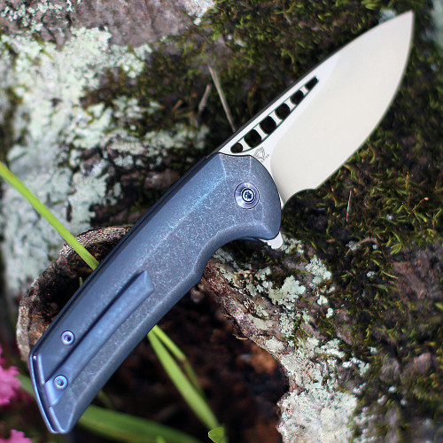 WE Knife Mini Malice Button Lock Flipper( WE054BL3) - 2.98" Bead Blast Blade CPM 20CV Plain Blade, Blue Titanium Handle