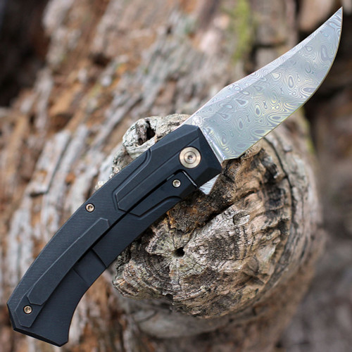 WE Knife Shudden Flipper( WE21015DS1) - 3.48" Hakkapella Damasteel Damscus Trailing Point Plain Blade, Black Titanium Handle