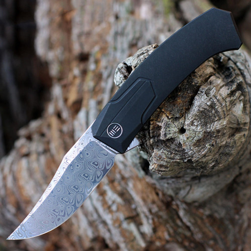 WE Knife Shudden Flipper( WE21015DS1) - 3.48" Hakkapella Damasteel Damscus Trailing Point Plain Blade, Black Titanium Handle
