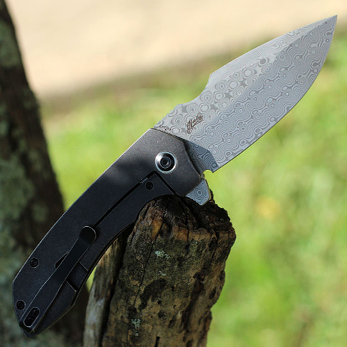 Kansept Entity (K1036A3) 3.52"Damascus Drop Point Plain Blade, Blackwashed Titanium Handle