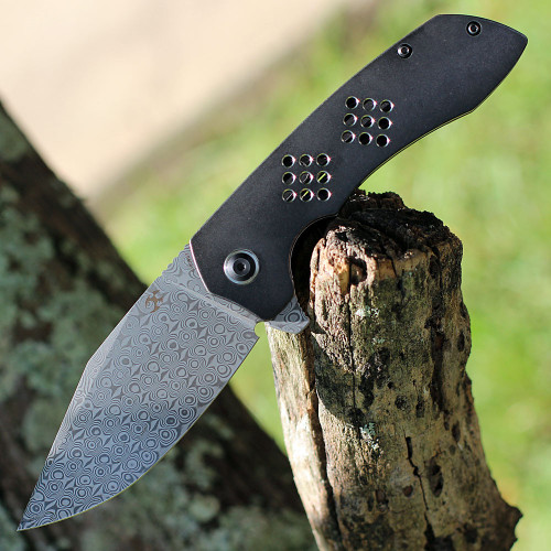 Kansept Entity (K1036B3) 3.52" Damascus Clip Point Plain Blade, Machine Holed Blackwashed Titanium Handle
