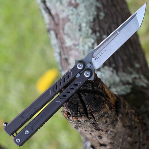 Maxace Pelican-M Balisong Butterfly Knife (MCPM03) - 3.54" Bohler M390 Satin Tanto Blade, Stonewashed Titanium TC4 Handle W/ 440C External Tuning Fork Trainer Blade
