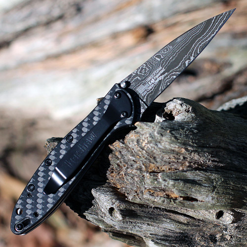 Kershaw Leek Damascus being deployed showing the SpeedSafe flipper and slim profile.