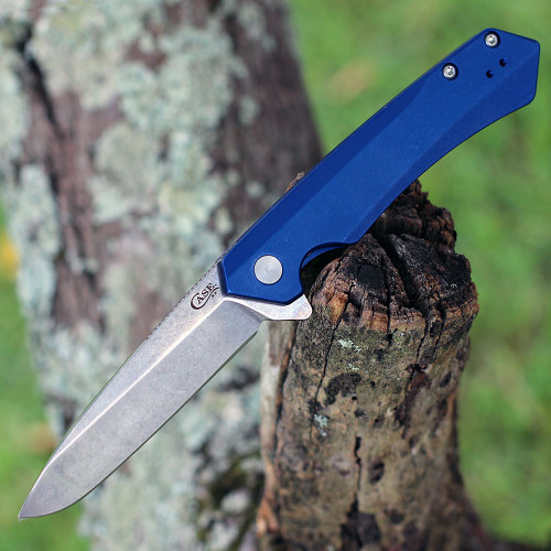 Case Kinzua Flipper Knife (64660) - 3.4" CPM-S34VN Stonewashed Spear Point Blade, Blue Anodized Aluminum Handle