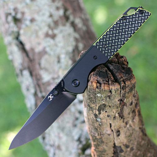 Kansept Warrior (T1005S2) 3.47" D2 Black TiCn Coated Drop Point Plain Blade, Black and Green G-10 Handle w/ Black Aluminum Bolster
