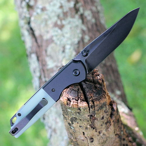 Kansept Warrior (T1005S4) 3.47" D2 Stonewashed Black TiCn Coated Drop Point Plain Blade, Jade G-10 Handle w/ Black Aluminum Bolster