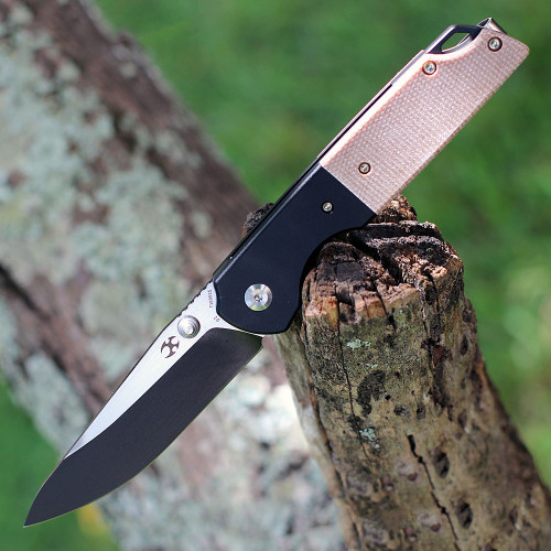 Kansept Warrior (T1005S5) 3.47" D2 Stonewashed Black TiCn Coated Drop Point Plain Blade, Brown Micarta Handle w/ Black Aluminum Bolster