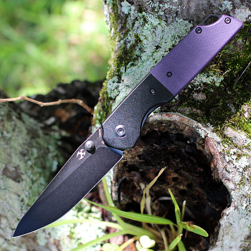 Kansept Warrior (T1005S6) 3.47" D2 Blackwashed Drop Point Plain Blade, Purple G-10 Handle w/ Black Aluminum Bolster