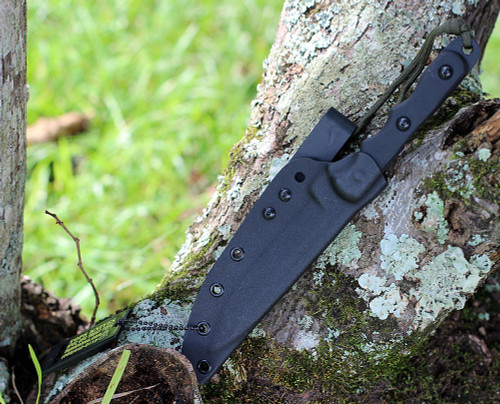 Tops Knives Ranger Bootlegger (TPRBL01) 4.88" Black Traction Coated 1095 Spear Point Plain Edge Blade, Black G-10 Handle