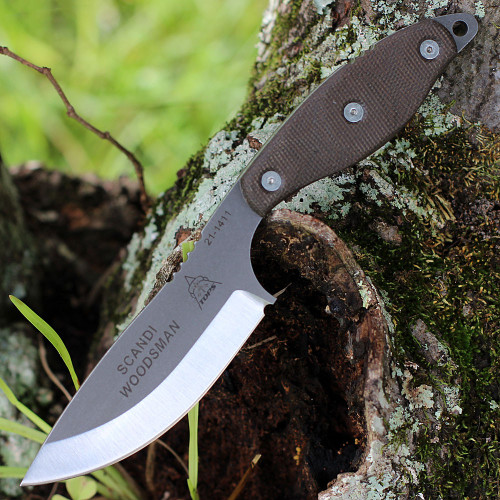 Tops Knives Scandi Woodsman (TPSWOOD35) 3.50" Tumble Finish 1095 Drop Point Plain Blade, Green Canvas Micarta Handle