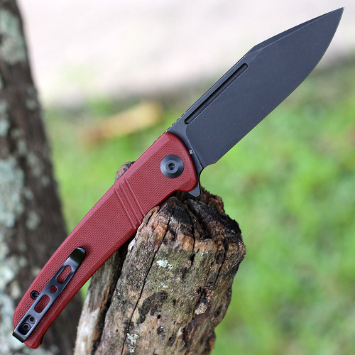 Sencut Brazoria Flipper (SA12C) 3.46" Black D2 Clip Point Plain Blade, Burgundy G-10 Handle