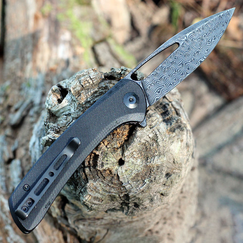 Sencut Honoris Flipper (SA07C) 3.47" Black Hand Rubbed Damscus Drop Point Plain Blade, Black G-10 Handle