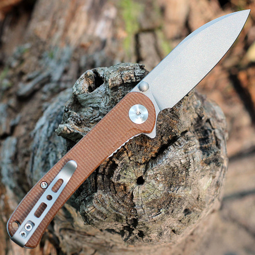 Sencut Scepter Flipper (SA03D) 3.48" Stonewashed 9Cr18MoV Drop Point Plain Blade, Brown Micarta Handle