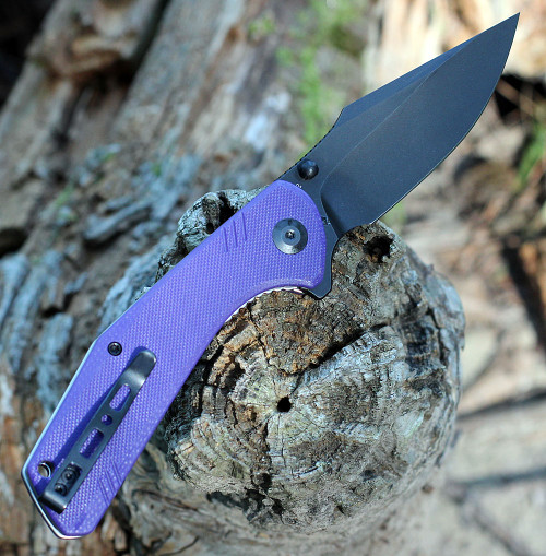 Sencut Actium Flipper (SA02D) 3.46" Black Stonewashed D2 Drop Point Plain Blade, Purple G-10 Handle