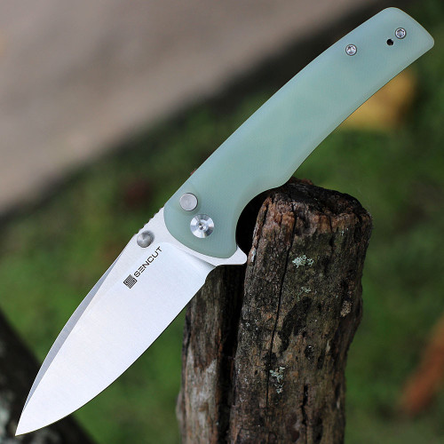 Sencut Sachse Button Lock Flipper (S21007-4) 3.47 in Satin 9Cr18MoV Drop Point Plain Blade, Natural G-10 Handle