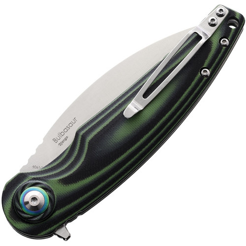 Shieldon Bulbasaur Folding Knife (9061G-N) 3.66 in Sandvik 14C28N Sandblasted Drop Point Blade, Green and Black G-10 Handle