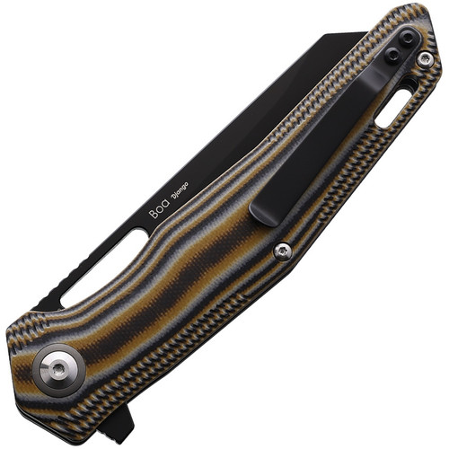 Shieldon Boa (SHI9043G1) 3.82" D2 Black Stonewash Tanto Plain Blade, Yellow, Black, and White G10 Handle