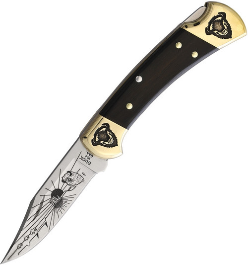 Brian Yellowhorse Custom Buffalo 112 Black Widow (YH360) 3.00" Satin 420HC Stainless Steel Clip Point Blade w/ Buffalo Etching, Ebony Wood Handle w/ Etched Brass Bolsters