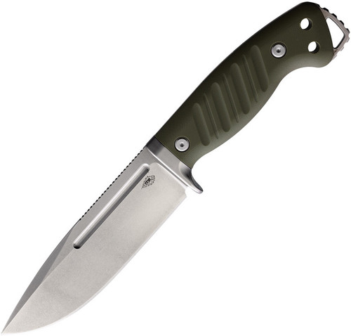 PMP Warthog (PMP030) 5" 440C Stonewashed Clip Point Plain Blade, Olive Drab Green G-10 Handle