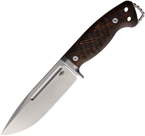 PMP Warthog (PMP032) 5" 440C Stonewashed Clip Point Plain Blade, Damascus Black and Orange G-10 Handle