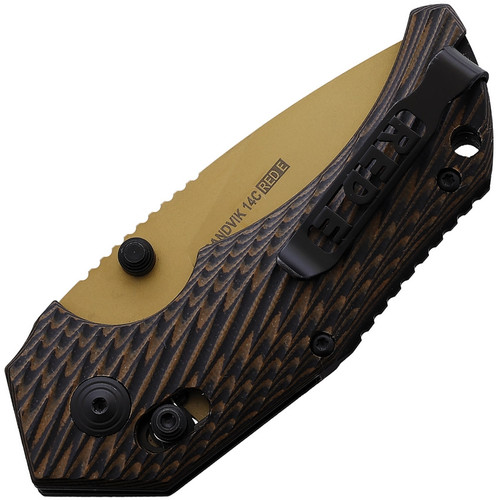 Willumsen Copenhagen Red E (RE21DTA) 2.75" Tan Coated 14C28N Drop Point Plain Blade, Black and Tan Sculpted G10 Handle