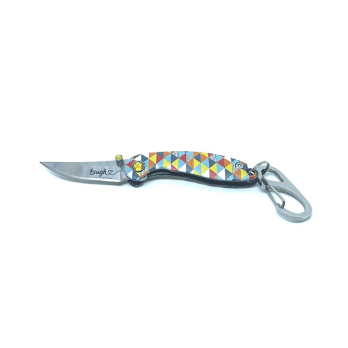 Brighten Blades Laugh Folding Keychain Knife (BB013) 1.65 in Mirror 8Cr13MoV Clip Point Blade w/ "Laugh" Blade Etching, Full-Color Prismatic Print Handle