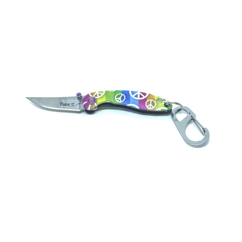 Brighten Blades Peace Keychain Folding Knife (BB021) 1.65 in Mirror 8Cr13MoV Clip Point Blade w/ "Peace" Blade Etching, Full-Color Peace Sign Print Handle