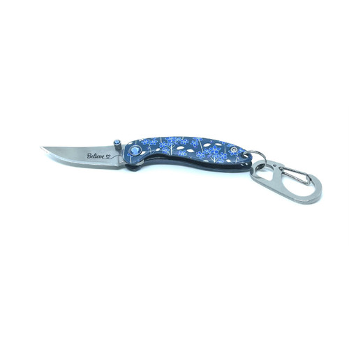 Brighten Blades Believe Keychain Folding Knife (BB022) 1.65 in Mirror 8Cr13MoV Clip Point Blade w/ "Believe" Blade Etching, Full-Color Flower Print Handle