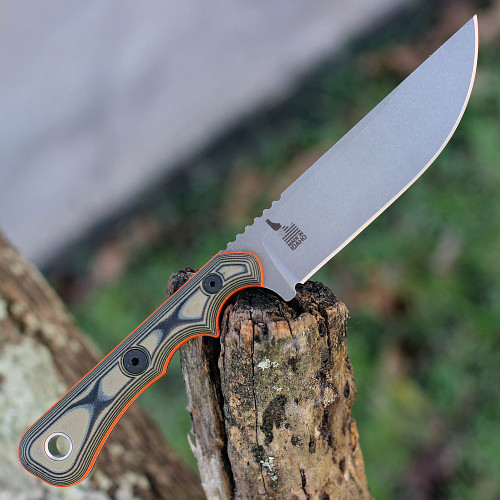 TOPS Muley Skinner (TPMSKIN01) 4.50" 154CM Stonewash Drop Point Plain Blade, Black Orange Tan G10 Handle